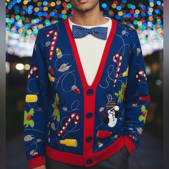 Jolly Sweaters Bright Blue Sequins Ugly Christmas Sweater Bow Tie Pullover Sz M - Picture 1 of 13